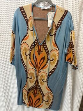 ZARA Blue & Multicolor Printed V-Neck Tunic dress